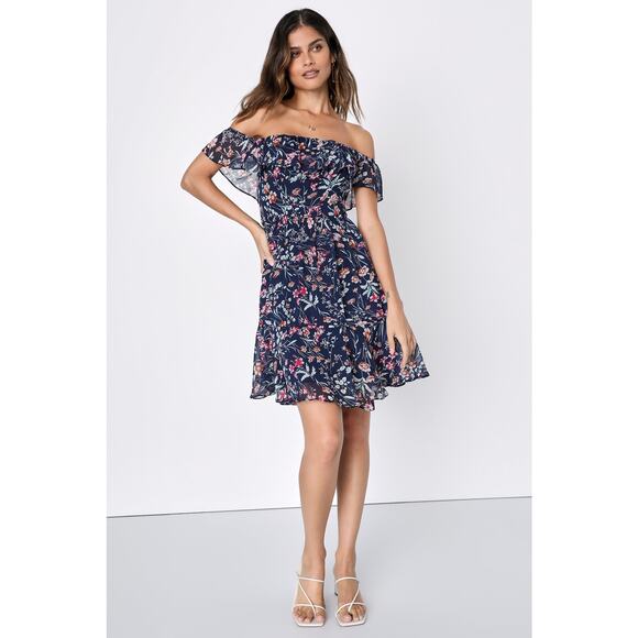 Lulus My Favorite Navy Blue Floral Print Off-the-Shoulder Dress - Large - Picture 1 of 5
